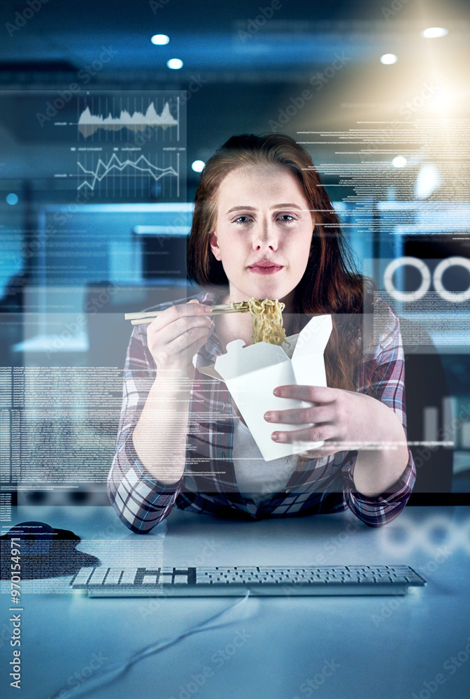 Poster portrait, woman, lunch or computer overlay for trading with food for blockchain or web research. tra