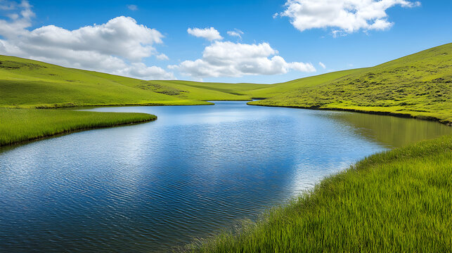 Serene lake nestled between rolling green hills on a sunny day.