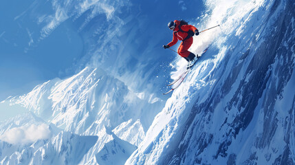 Freeride Skier Skiing Downhill Through Deep Powder Snow: Enjoying deep powder conditions.