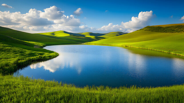 Serene lake nestled in rolling green hills under a bright blue sky with fluffy white clouds.