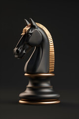 Closeup of a black and gold horse chess knight, showcasing detailed design and fine craftsmanship on a dark backdrop. An elegant piece symbolizing luxury and strategic gameplay