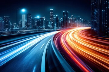 Fototapeta premium Cityscape with a Nighttime Highway and Light Trails