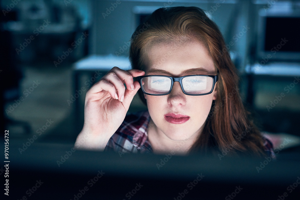 Poster business, woman and glasses at night on computer at office with deadline, overtime and project as so