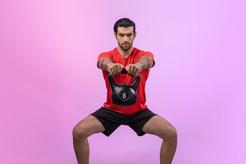 Obraz premium Full body length gaiety shot athletic and sporty young man with fitness in squat exercise posture on isolated background. Healthy active and body care lifestyle.