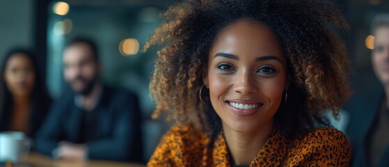 Businesswoman presenting analysis to diverse team in modern office