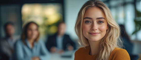 Businesswoman presenting analysis to diverse team in modern office