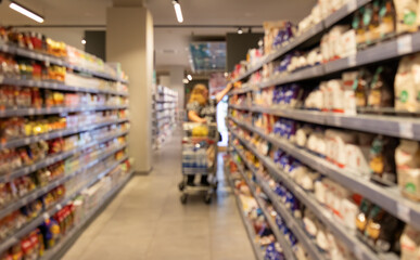 Abstract blur shelfs in supermarket. Grocery store interior defocused backdrop, wide merchandise range, vibrant supermarket aisle, shopping environment, assortment of goods on shelves.