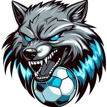 Angry wolf mascot with soccer ball, sports team logo
