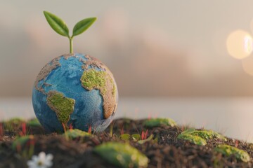 Green Earth Globe on Mossy Ground with Leaf: Environmental Protection, Earth Day, Renewable Energy and Eco-Concept