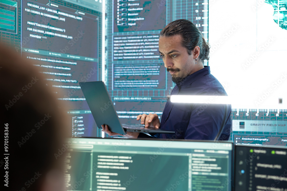 Poster governmental hacker monitoring cyber attacks on a big screen, compromising online security. speciali