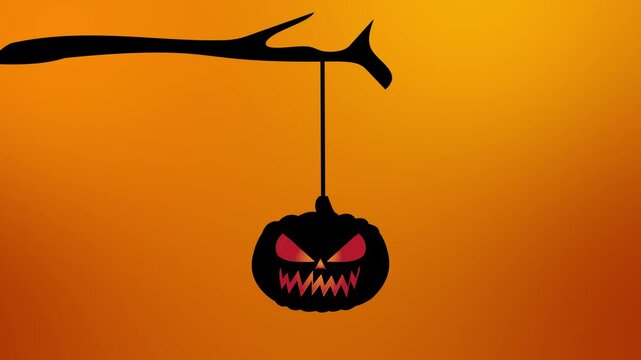 animation of halloween pumpkin hanging on tree branch, halloween background