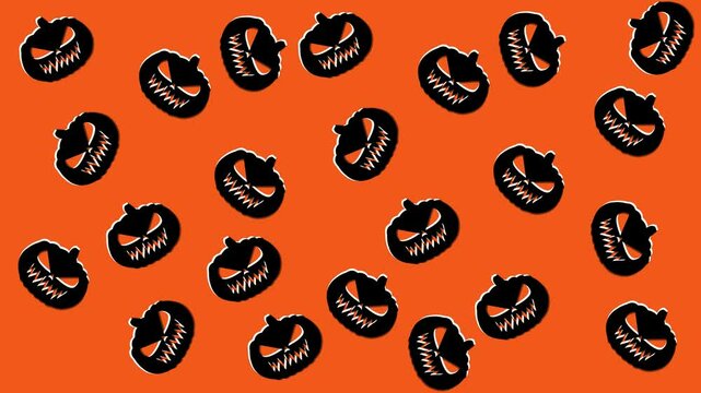 animation of halloween pumpkin pattern on orange background, halloween background