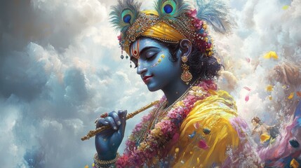 Realistic illustration for vishu with a young lord krishna holding a flute with marigold flowers.