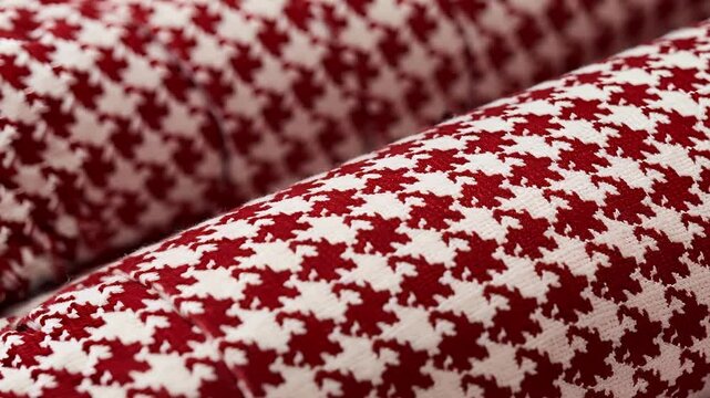 Red and white houndstooth fabric is rolled up showcasing the classic textile pattern. The repeating geometric pattern is a great choice for backgrounds or design elements