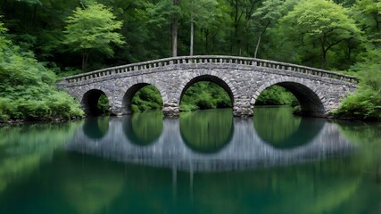 Fototapeta premium Illustration of a stone arch bridge crossing a calm river.