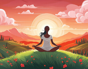 Obraz premium Silhouetted figure meditates in a serene sunset landscape
