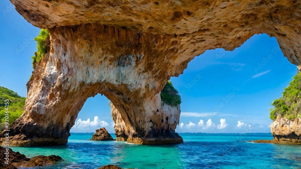 Poster natural stone arch framing a view of a tropical paradise.