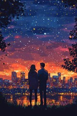Fototapeta premium Romantic Sunset Cityscape with Silhouetted Couple