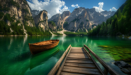 Serene mountain lake with wooden boat and dock.