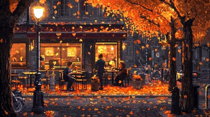 Obraz premium Fall Leaves in City Street with Streetlamp Cafe and People