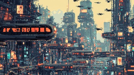 Obraz premium Futuristic Cityscape with Flying Vehicles and Neon Lights