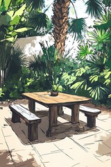 Serene Outdoor Seating Surrounded by Lush Greenery