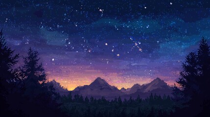 Fototapeta premium Pixelated Mountain Landscape with Starry Night Sky