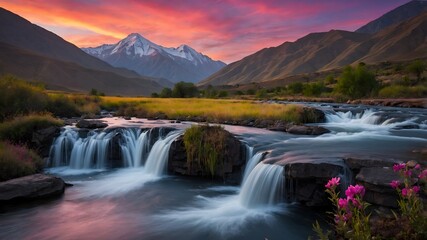 Landscape illustration featuring a serene waterfall cascading over rocks in the foreground.