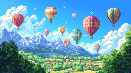 Fototapeta premium Colorful Hot Air Balloons Flying Over Mountain Range
