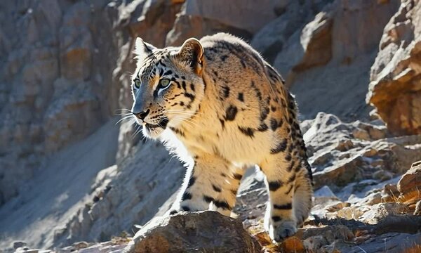 Enigmatic snow leopard camouflaged against the rocky mountainside, Video
