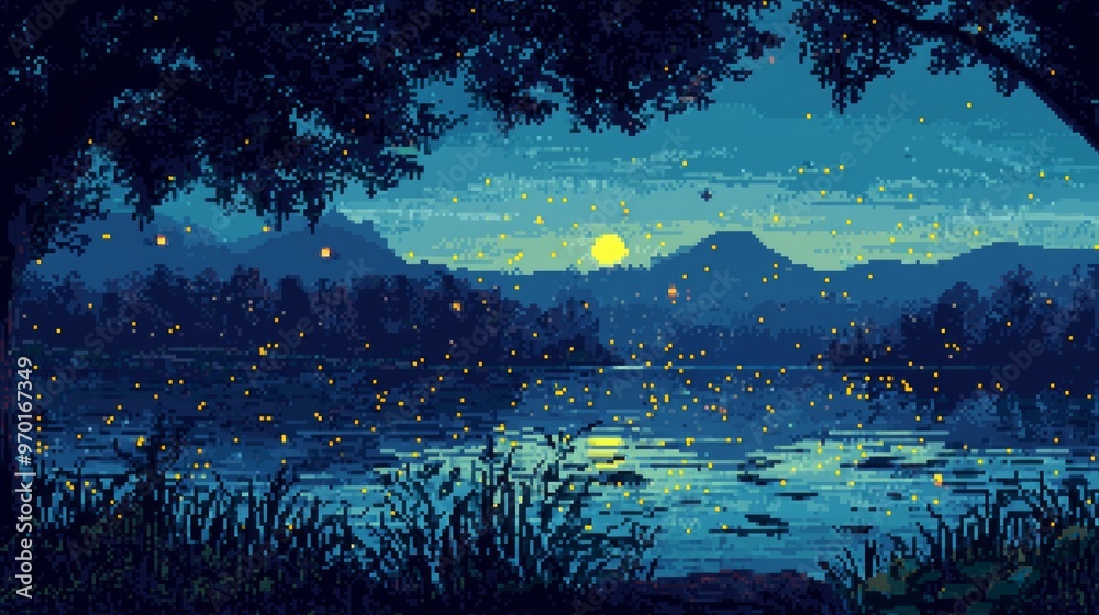 Wall mural pixelated night sky with fireflies and moon over lake