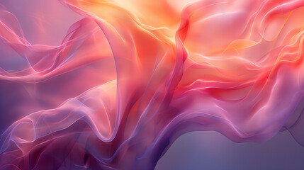 Fototapeta premium Abstract vibrant flowing fabric in purple, orange, and pink hues, soft fluid waves, dynamic motion art background 