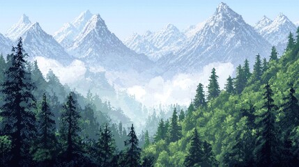 Fototapeta premium Pixel Art Mountain Landscape with Forest and Clouds