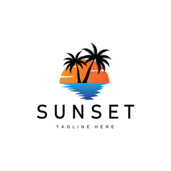 Sunset Sea View Beach Logo Design Summer Vacation Place