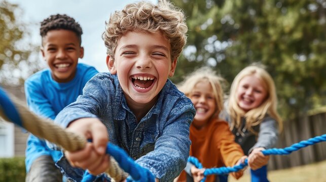 A group of happy children engaged in a lively tug-of-war game outdoors, showcasing teamwork, laughter, and energetic play in a sunny and cheerful outdoor environment.