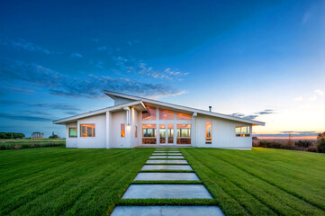 Fototapeta premium Gorgeous modern white twilight home with lush grass, a clear blue sky, and daylight.