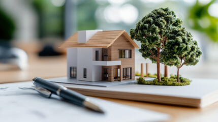 A detailed architectural model of a modern house with trees, sitting on a desk with a pen and papers in the background.