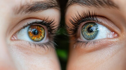 Naklejka premium A close-up photograph showing two human eyes side by side, one with an amber-colored iris and the other with a blue iris, highlighting the unique beauty and diversity of eye colors.