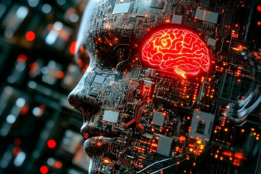 Cognitive fusion cognitive optimization cyberware cyber intelligence and bio machine fusion robotic head with glowing brain circuits and intricate digital design