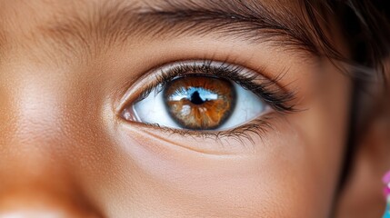 Fototapeta premium A detailed close-up captures the expressive brown eye of a child, showcasing the youthful innocence and curiosity through the intricate detail of the eyelashes and eye features.