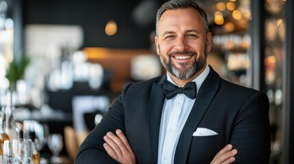 Fototapeta premium A confident man in a black tuxedo and white shirt smiles warmly in a stylish restaurant setting, exuding elegance and charm. The background is filled with ambient lighting and decor.