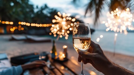 A person toasts with a glass of champagne at an elegant beach party night, decorated with sparklers and fairy lights. In the background, there are silhouetted palm trees.