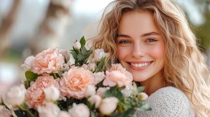 A young woman with curly hair holds a bouquet of peach roses close to her face, her joyful smile radiating warmth and happiness, capturing the essence of natural beauty and delight.