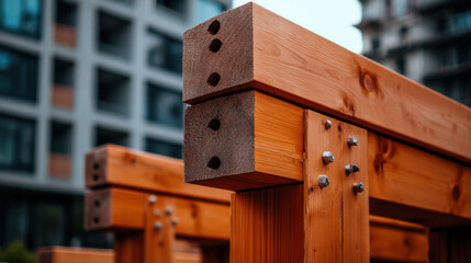Close-up of a wooden beam structure at a construction site, showcasing bolts and joints in modern architectural assembly.