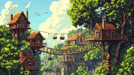 Obraz premium Fantasy Treehouse Village with Rope Bridge and Gondola Transportation