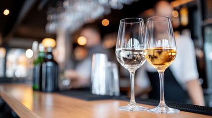 Two wine glasses, one with white wine and one with red wine, placed on a wooden bar counter with a blurred background of bottles and a bartender in a busy bar setting.