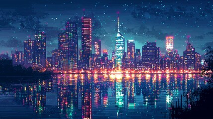 Fototapeta premium Pixelated Cityscape with Night Lights and Water Reflection