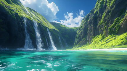 Vibrant Coastline with Moss-Covered Cliffs and Teal Shoreline, Low-Angle View
