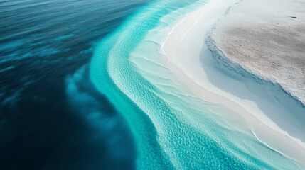 Aerial View of White Sandy Beach and Turquoise Ocean, Hyper-Realistic Photography, Award-Winning, Sharp Focus, Intricate Detail, Professional Color Grading