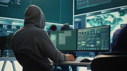 Cyber security specialist conducting cyber surveillance and threat detection in a governmental...